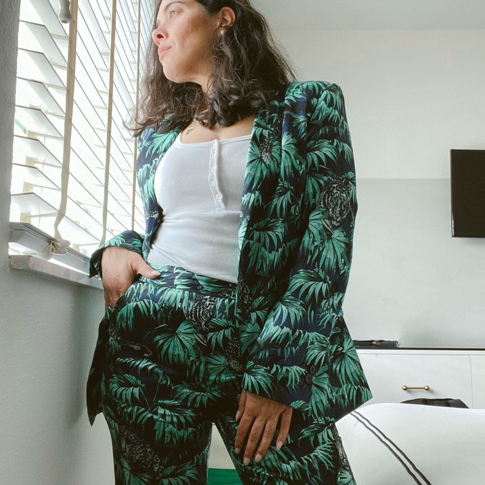 Zara Green and Black Patterned Blazer + pant set